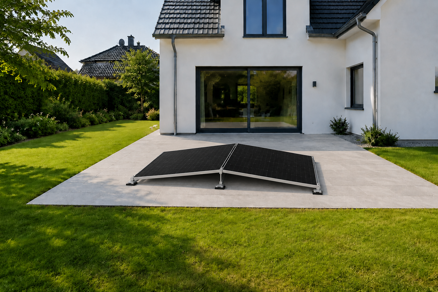 Beispiel eines Balkonkraftwerks im Garten eines modernen Zuhauses