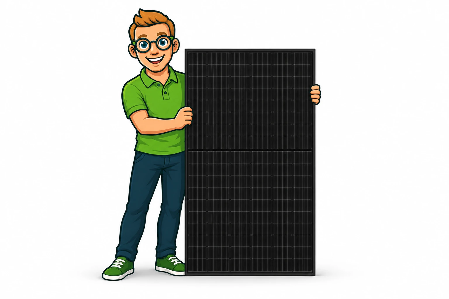 Simon hält ein schwarzes Solarmodul